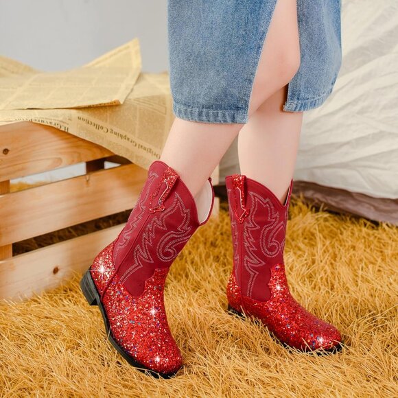 Unisex Child Red Mid Calf Glitter Toddler Cowboy Boot Little Big Kids Western - Picture 7 of 8